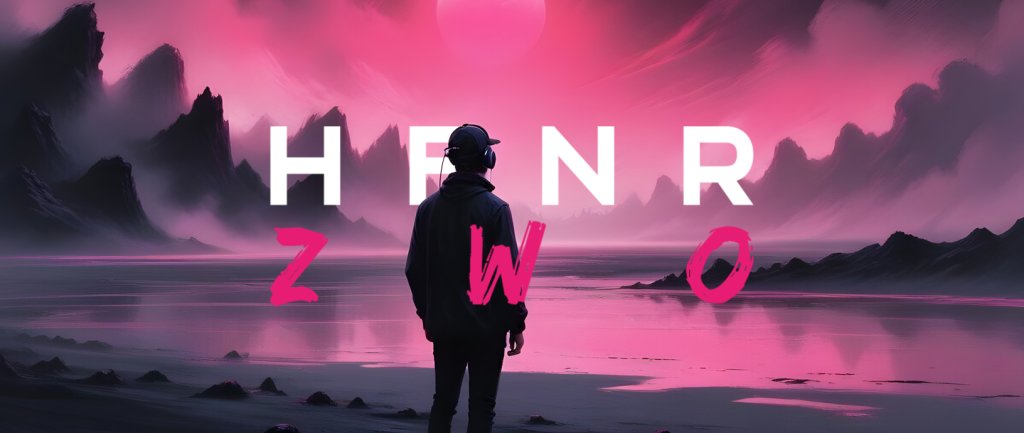 Trennerbild HFNR Zwo Logo vor KI-generiertem futuristischem Hintergrund vor dem die illustrierte Version von Tim Hüfner steht.